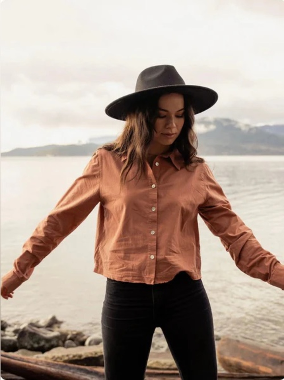 Jackson Rowe Aries top button up crop long sleeve rust terracotta cotton medium